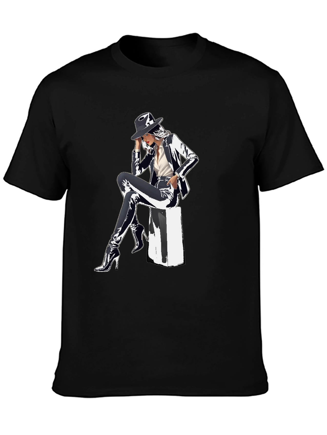Sleek Graphic Tee - Woman in Shiny Suit