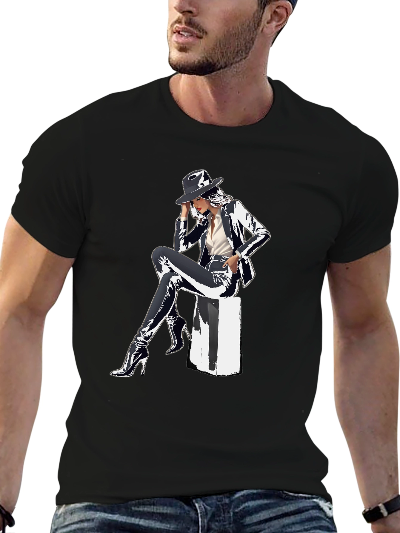 Sleek Graphic Tee - Woman in Shiny Suit
