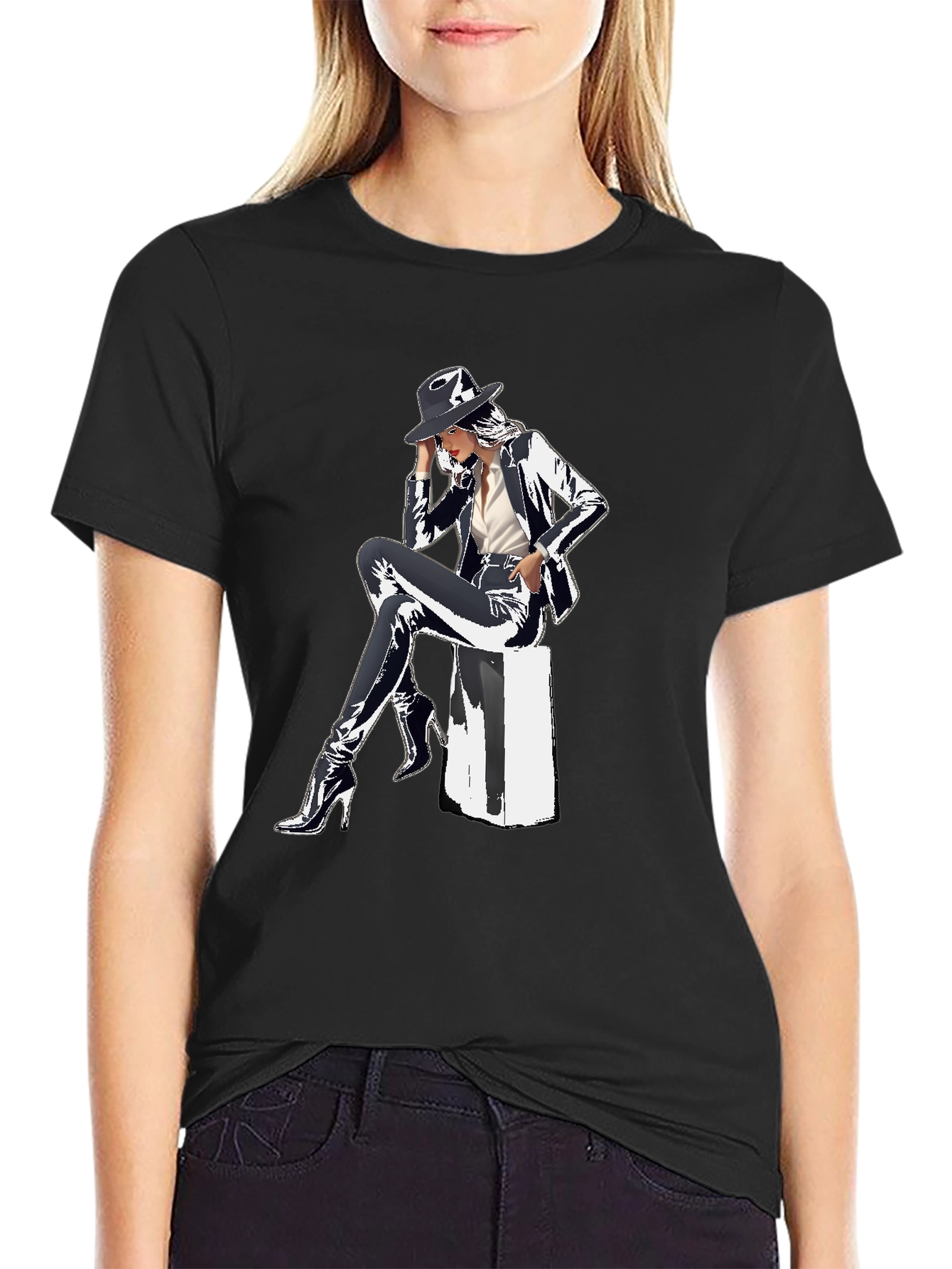 Sleek Graphic Tee - Woman in Shiny Suit