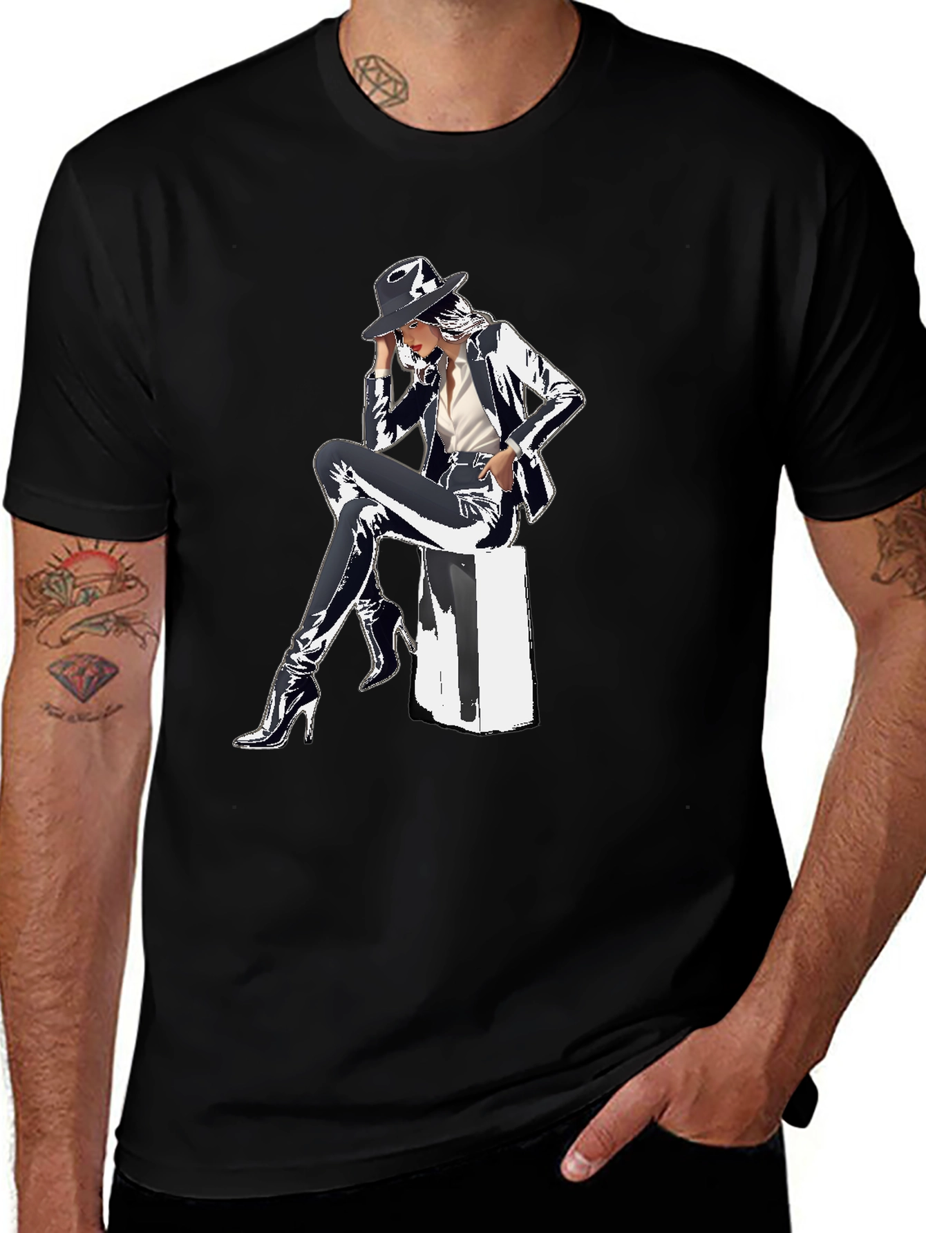 Sleek Graphic Tee - Woman in Shiny Suit
