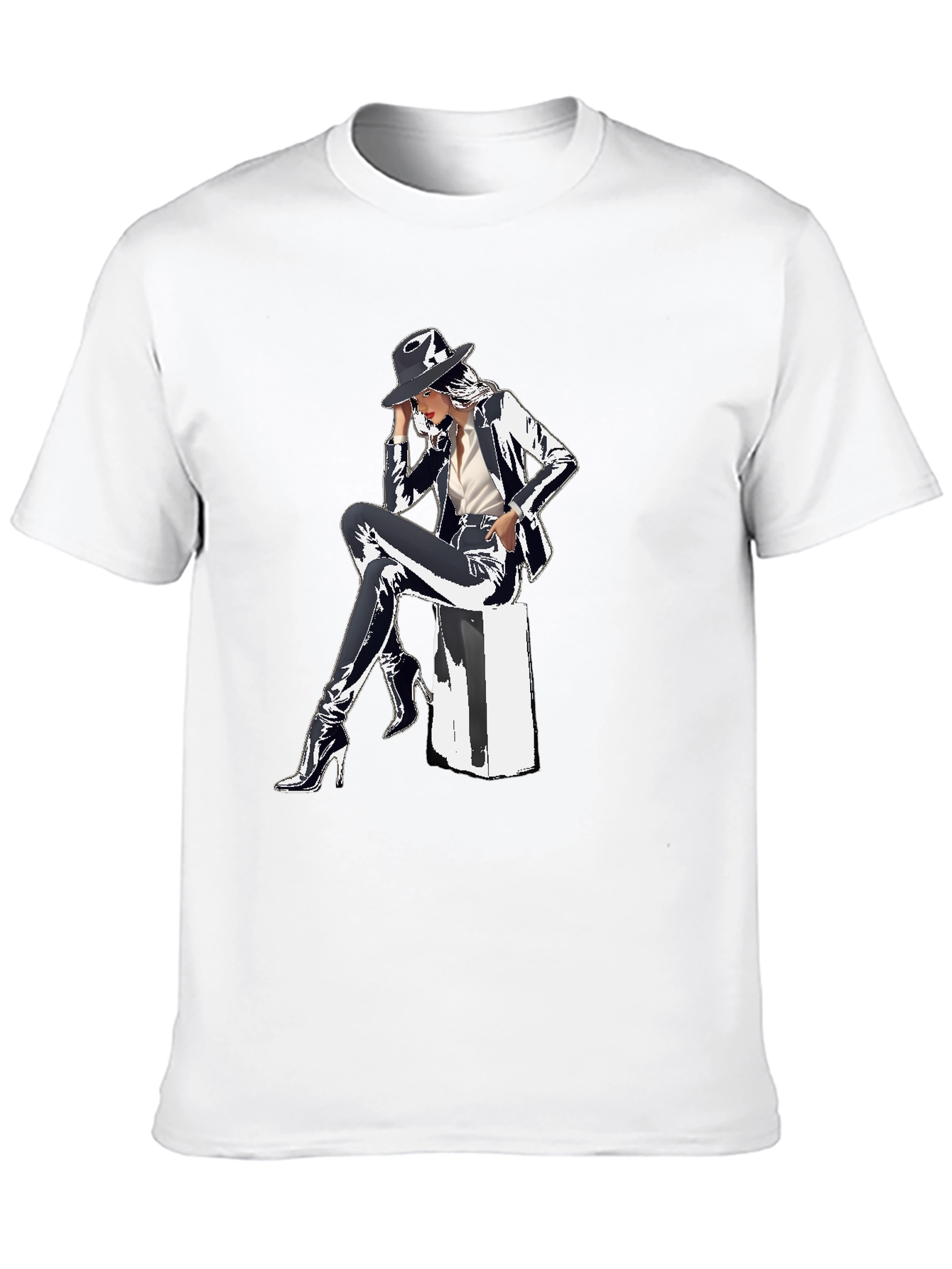 Sleek Graphic Tee - Woman in Shiny Suit