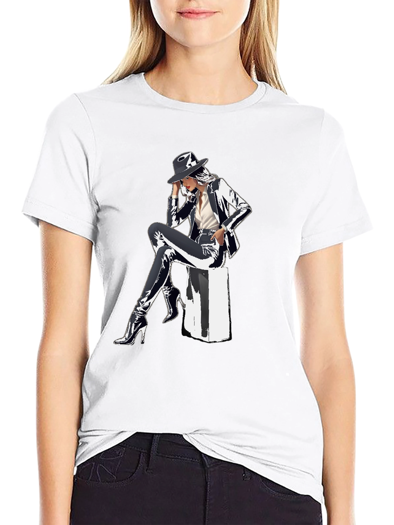 Sleek Graphic Tee - Woman in Shiny Suit