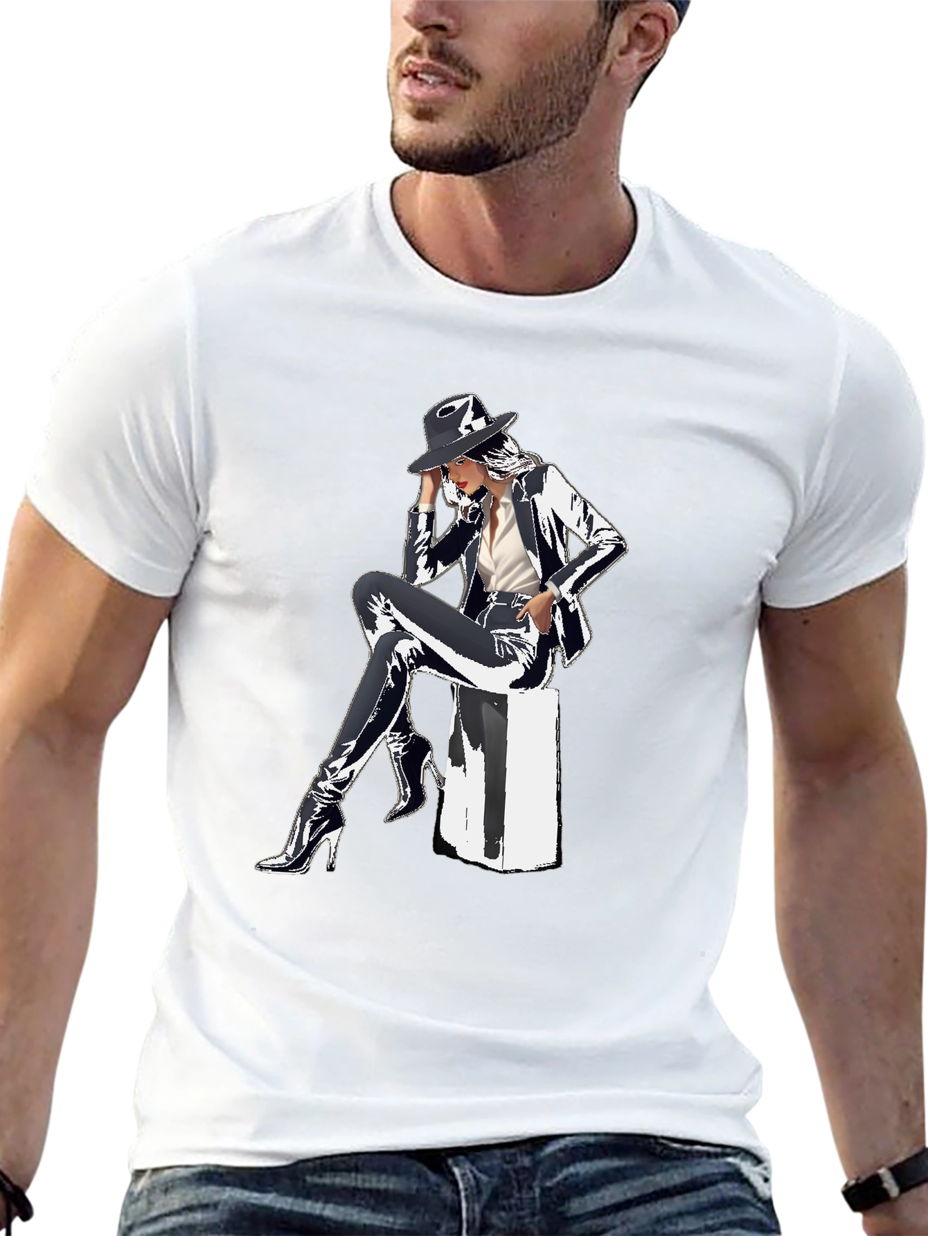 Sleek Graphic Tee - Woman in Shiny Suit
