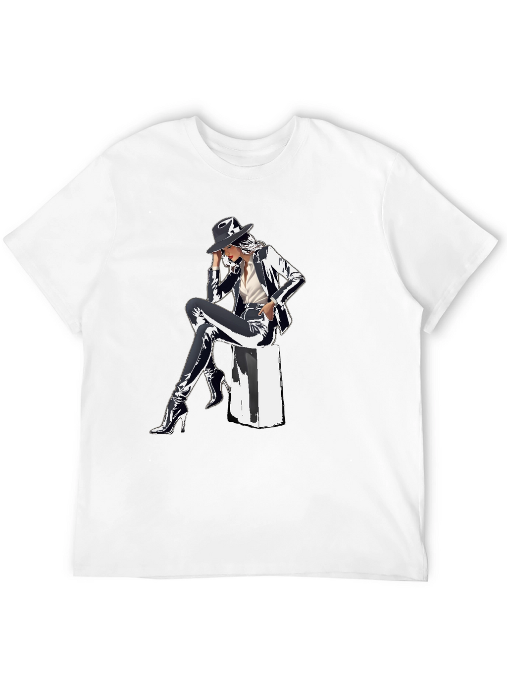 Sleek Graphic Tee - Woman in Shiny Suit