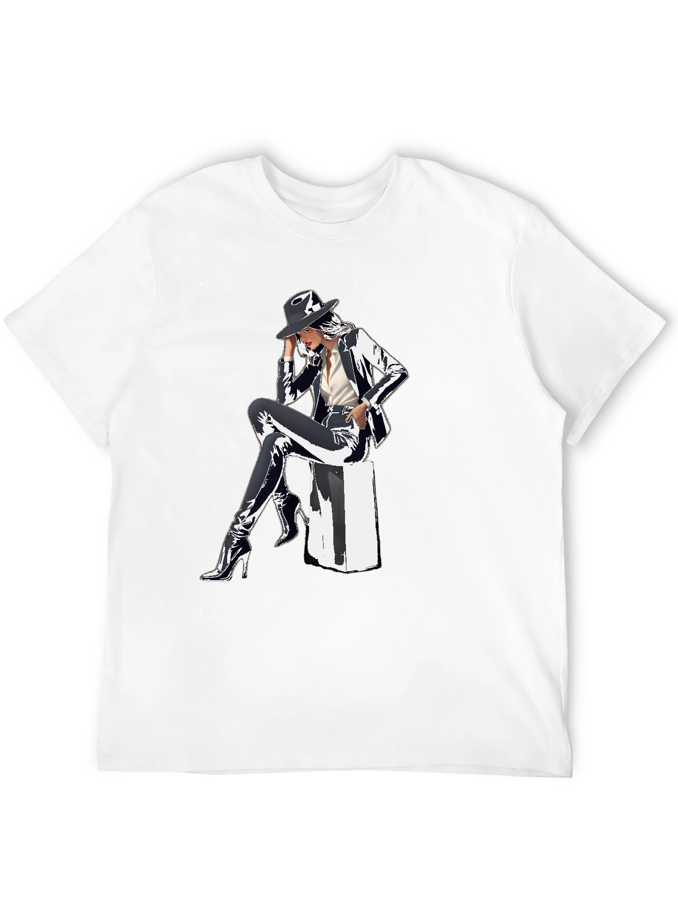 Sleek Graphic Tee - Woman in Shiny Suit