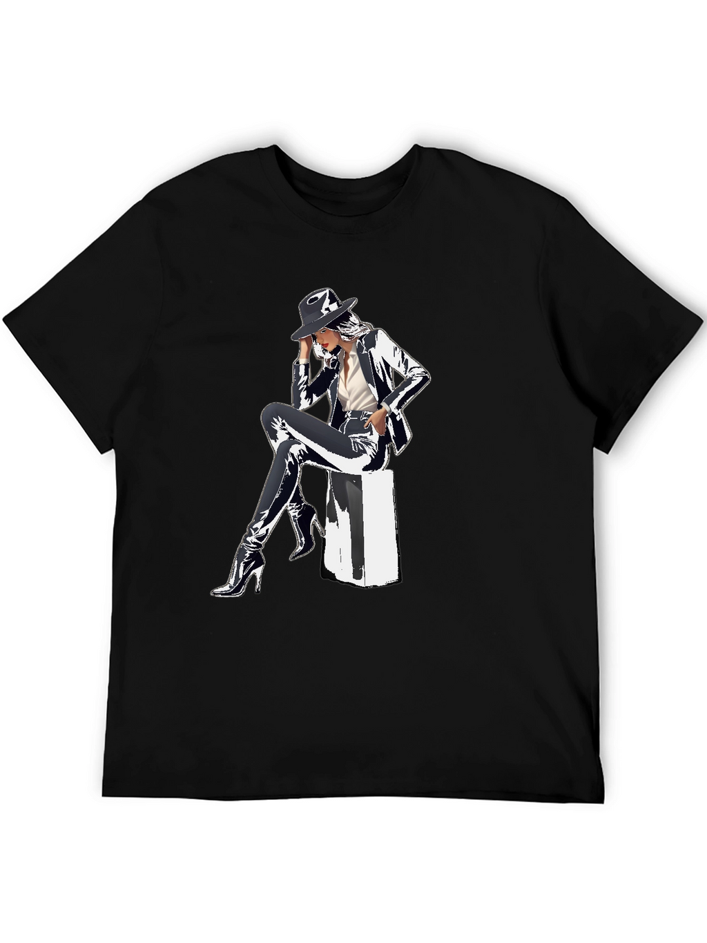 Sleek Graphic Tee - Woman in Shiny Suit