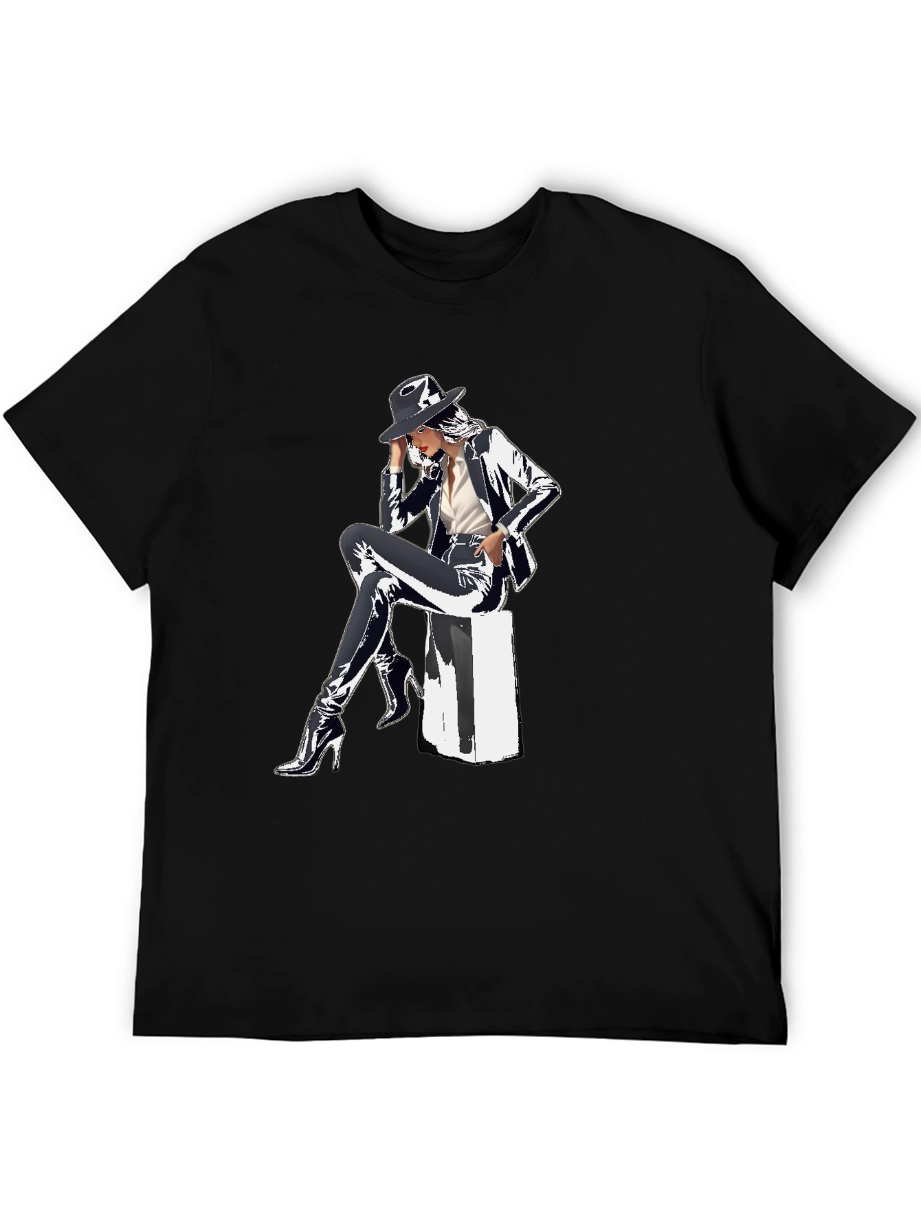 Sleek Graphic Tee - Woman in Shiny Suit