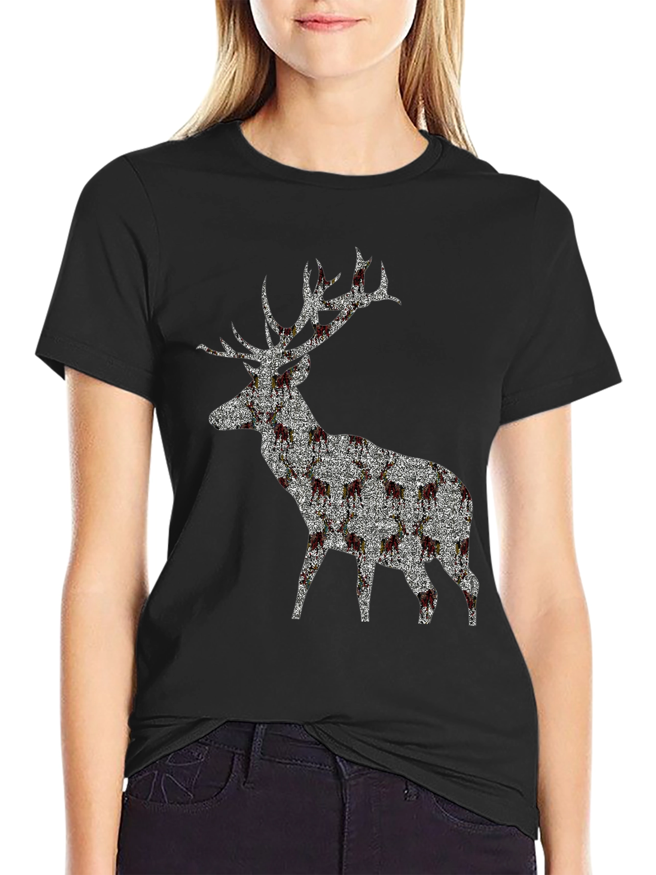 Stag Patterned Crew Neck T-Shirt