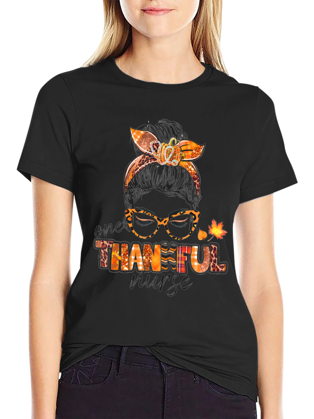 Thankful Nurse Messy Bun T-Shirt