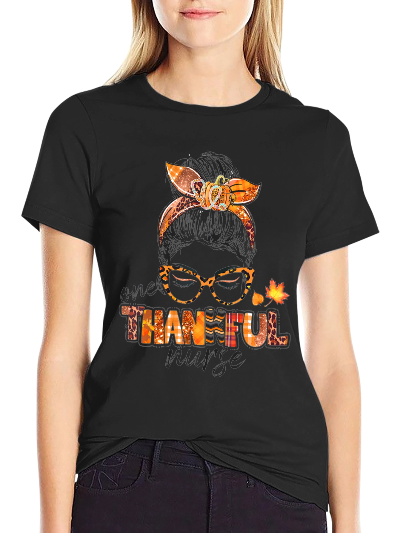 Thankful Nurse Messy Bun T-Shirt