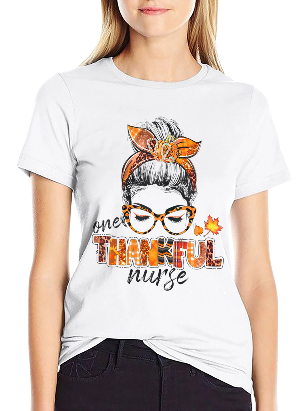 Thankful Nurse Messy Bun T-Shirt