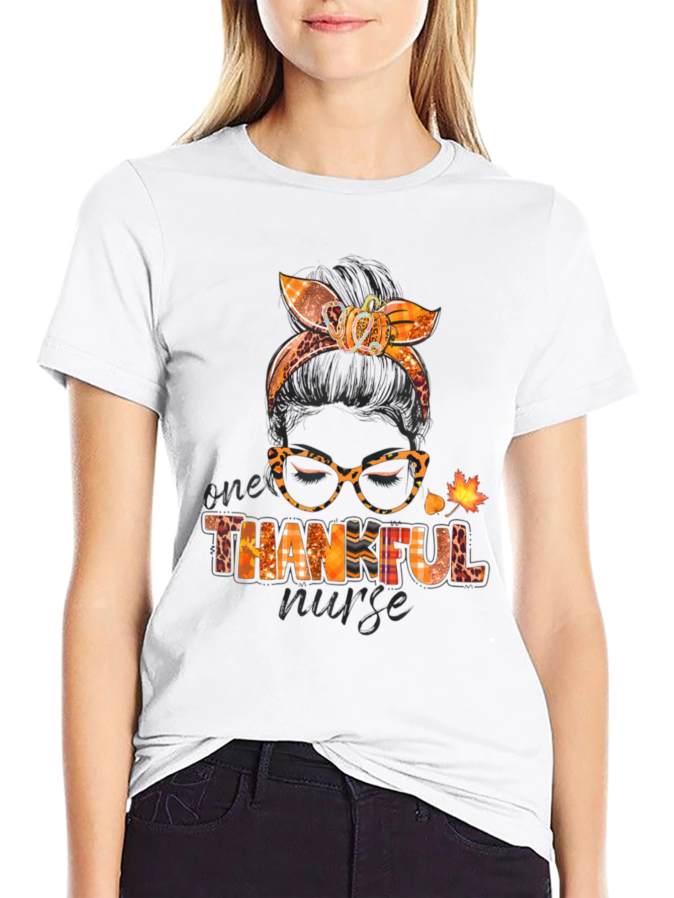 Thankful Nurse Messy Bun T-Shirt