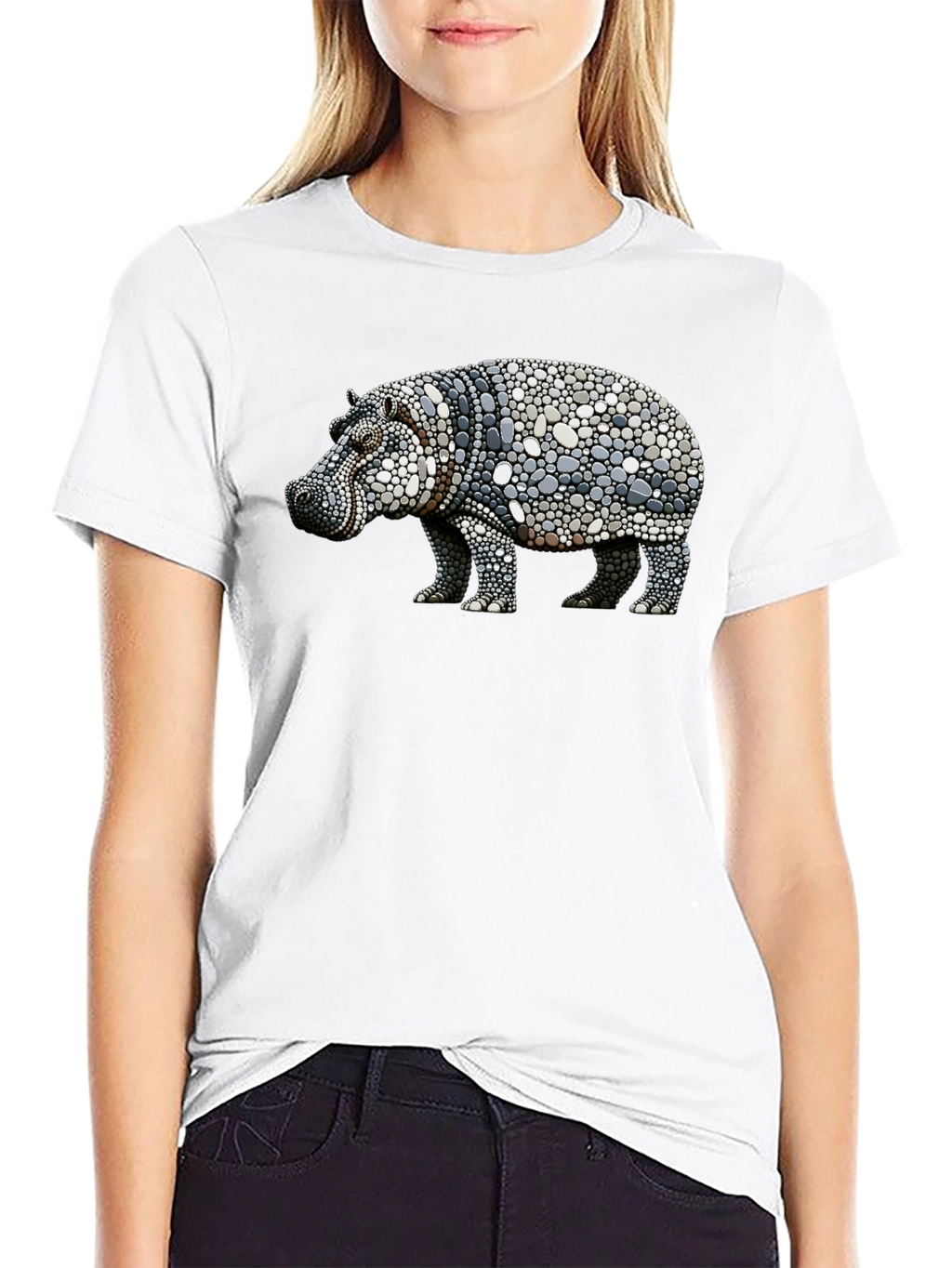 Hippo Pebble Art Graphic Tee - Black Cotton Shirt