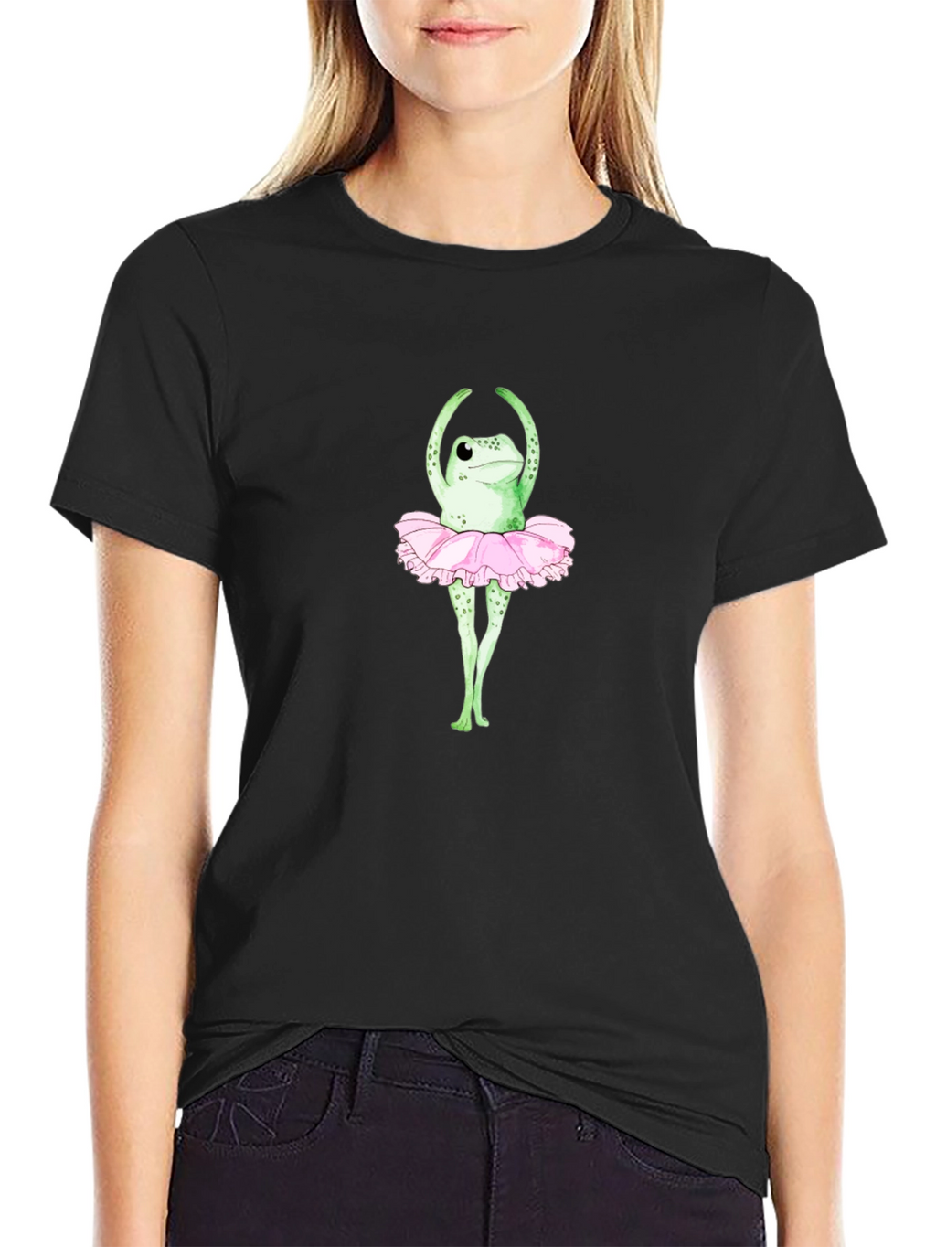 Frog Ballerina Graphic T-Shirt - Black Crew Neck
