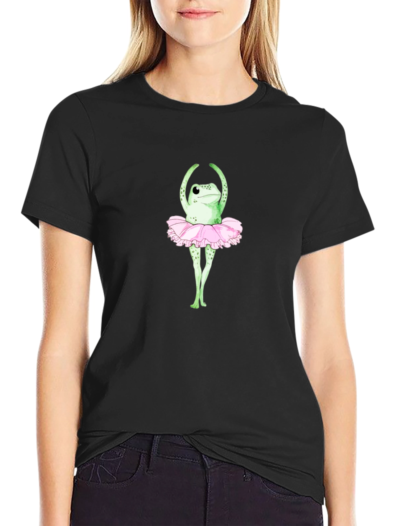 Frog Ballerina Graphic T-Shirt - Black Crew Neck