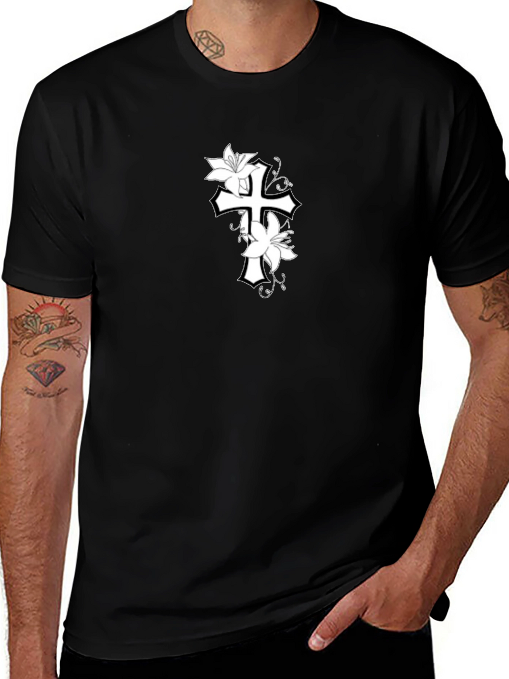 Floral Cross Graphic Black T-Shirt
