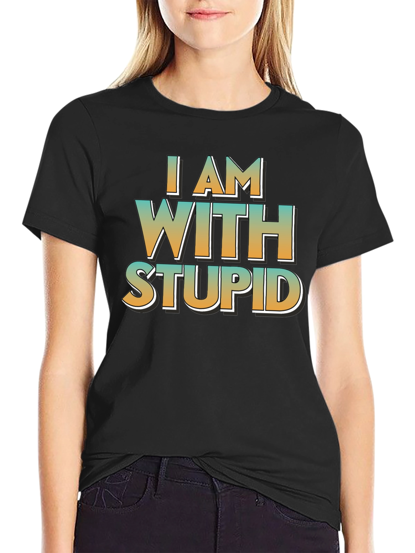 I Am With Stupid Black Crewneck T-Shirt