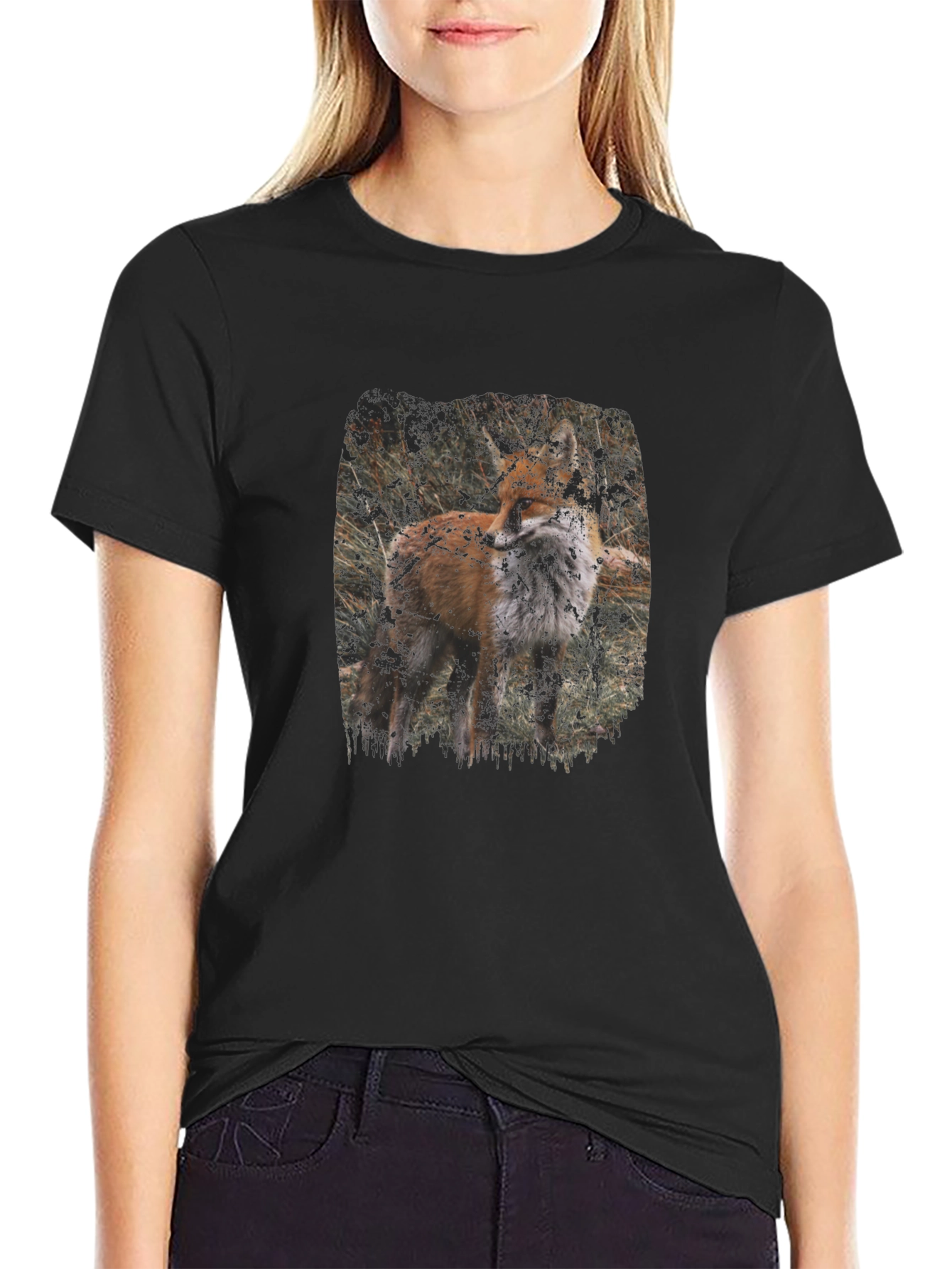 Fox Graphic Print Black Crew Neck T-Shirt