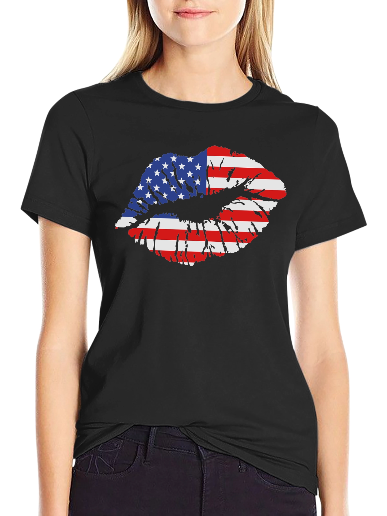 American Flag Lips Graphic Black T-Shirt