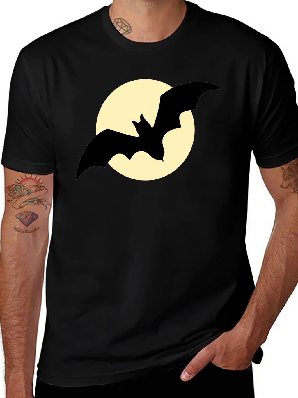 Bat Silhouette on Moon Graphic Tee - Black