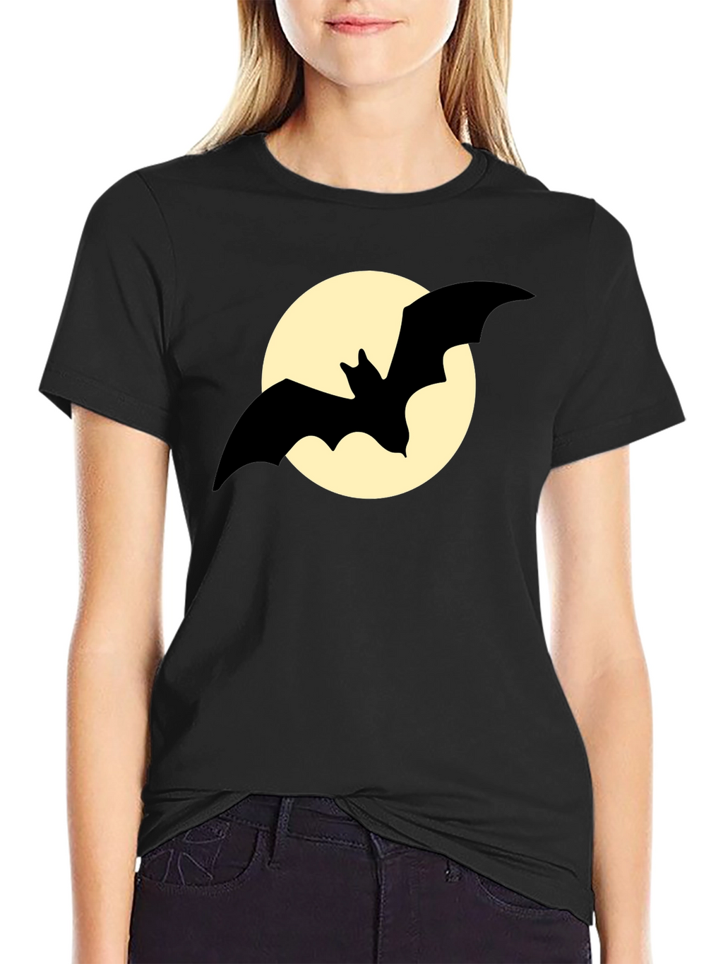 Bat Silhouette on Moon Graphic Tee - Black