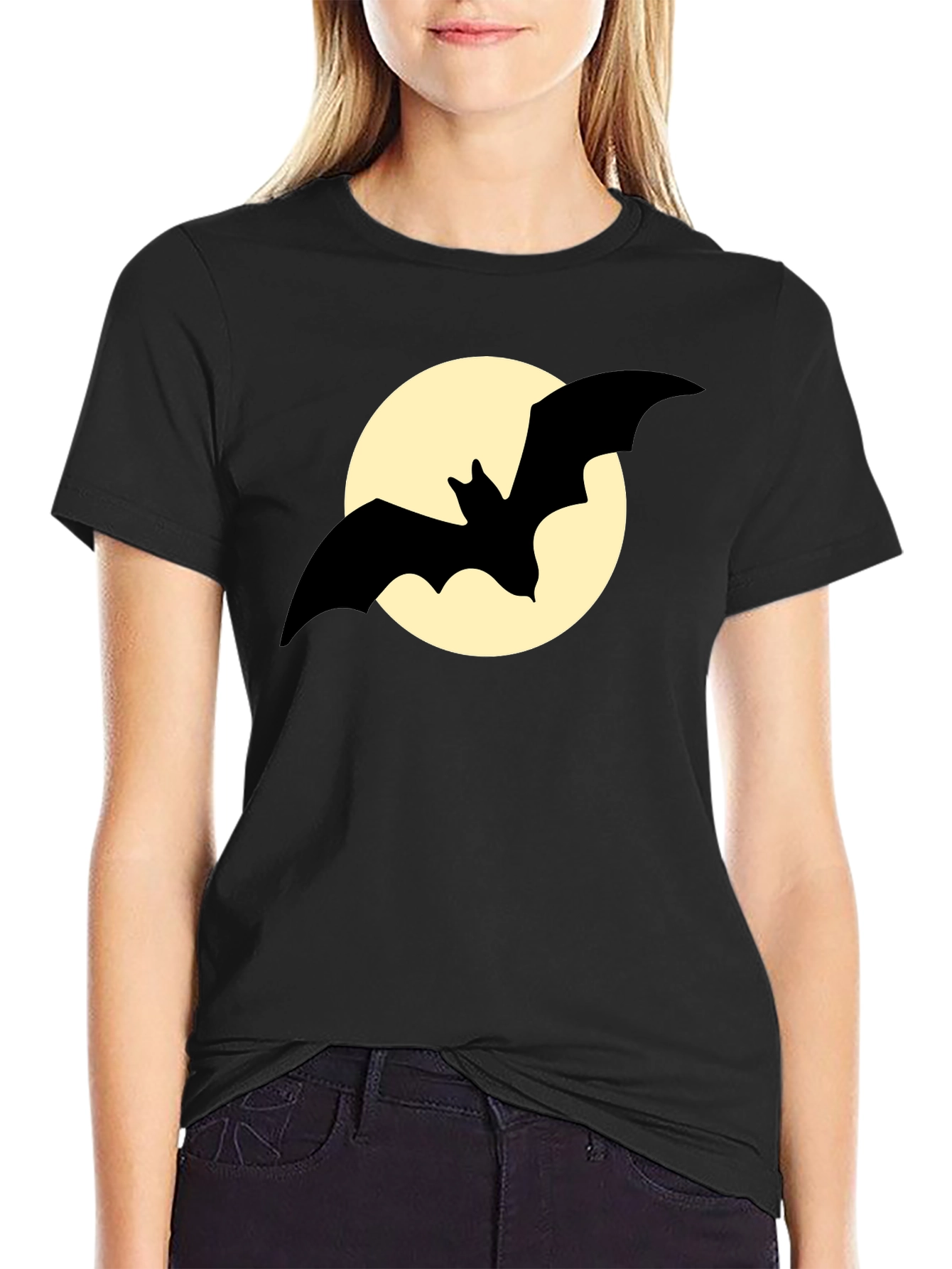 Bat Silhouette on Moon Graphic Tee - Black