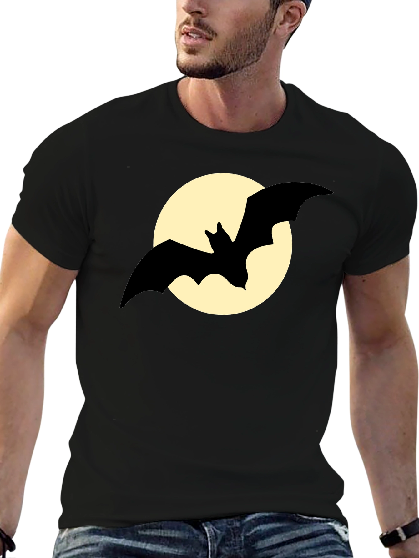 Bat Silhouette on Moon Graphic Tee - Black