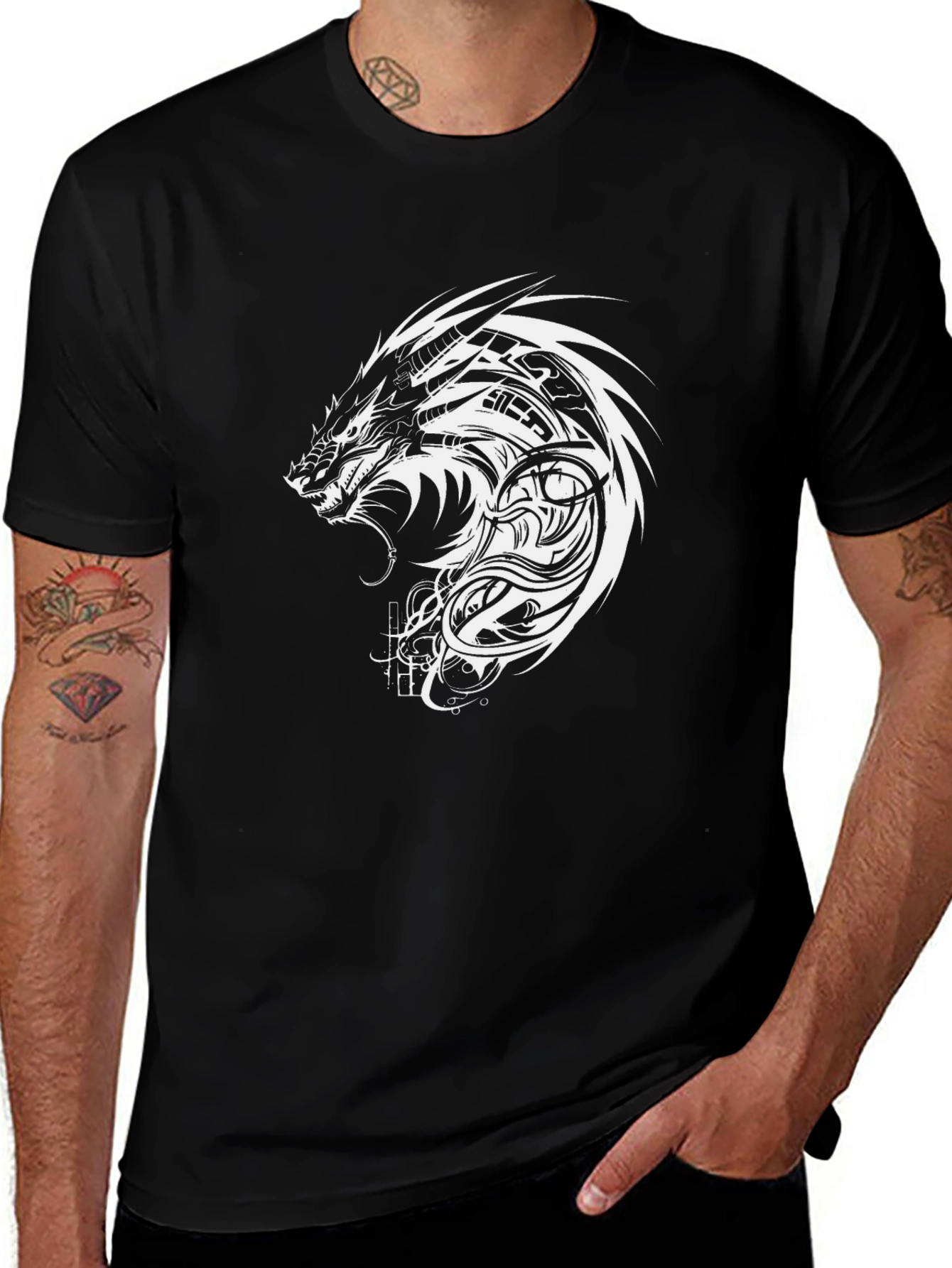 Dragon Graphic Black T-Shirt - Unique Tattoo Style Design