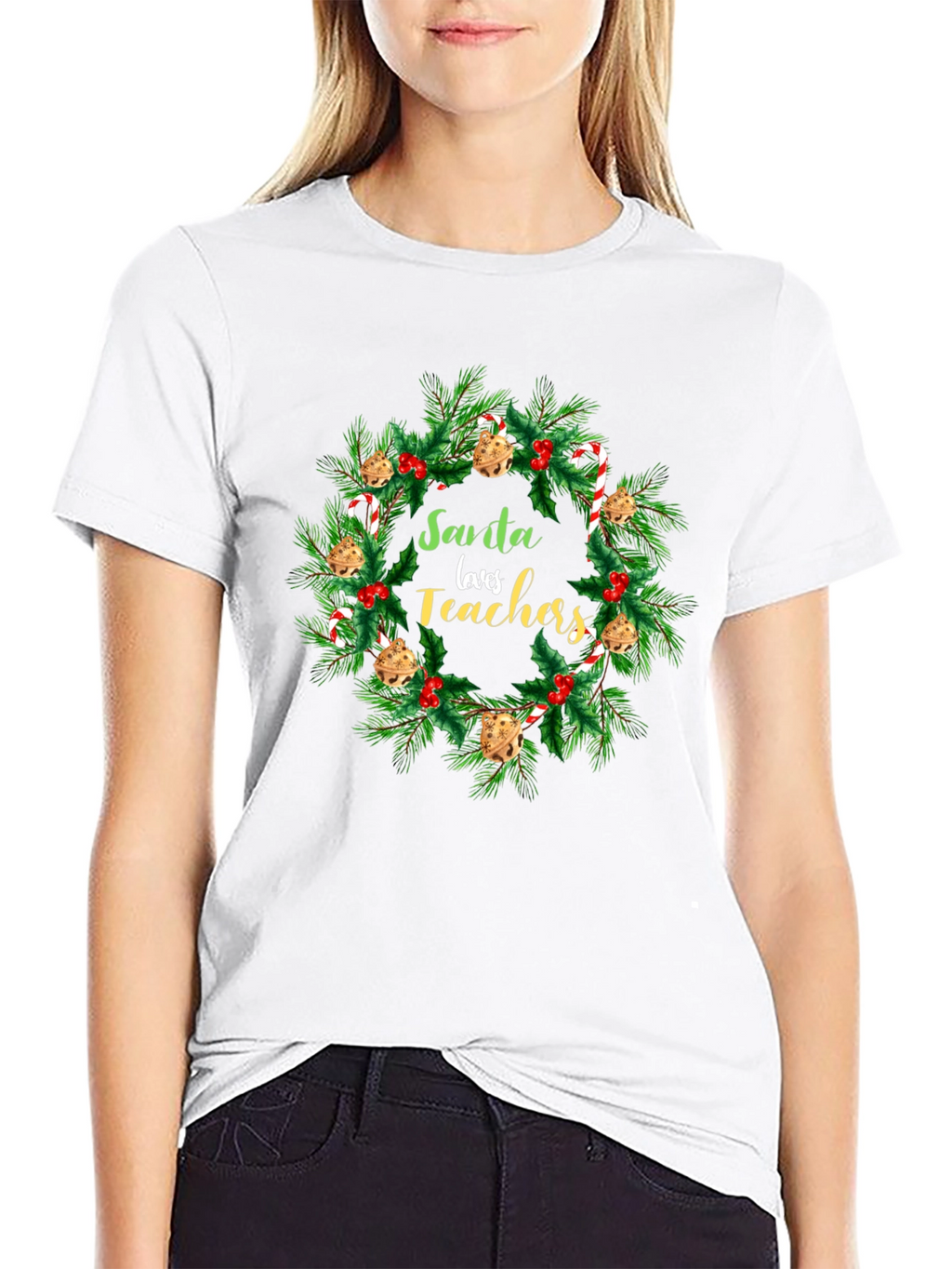 Santa Loves Teachers Christmas Wreath T-Shirt