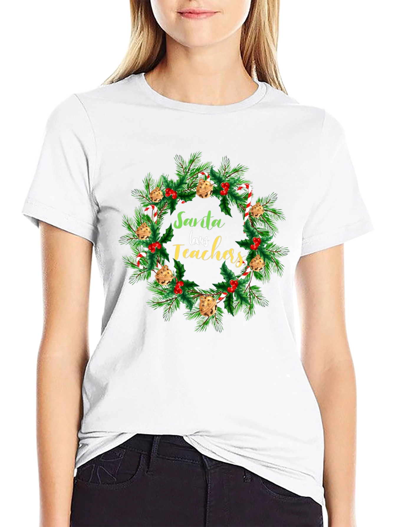Santa Loves Teachers Christmas Wreath T-Shirt