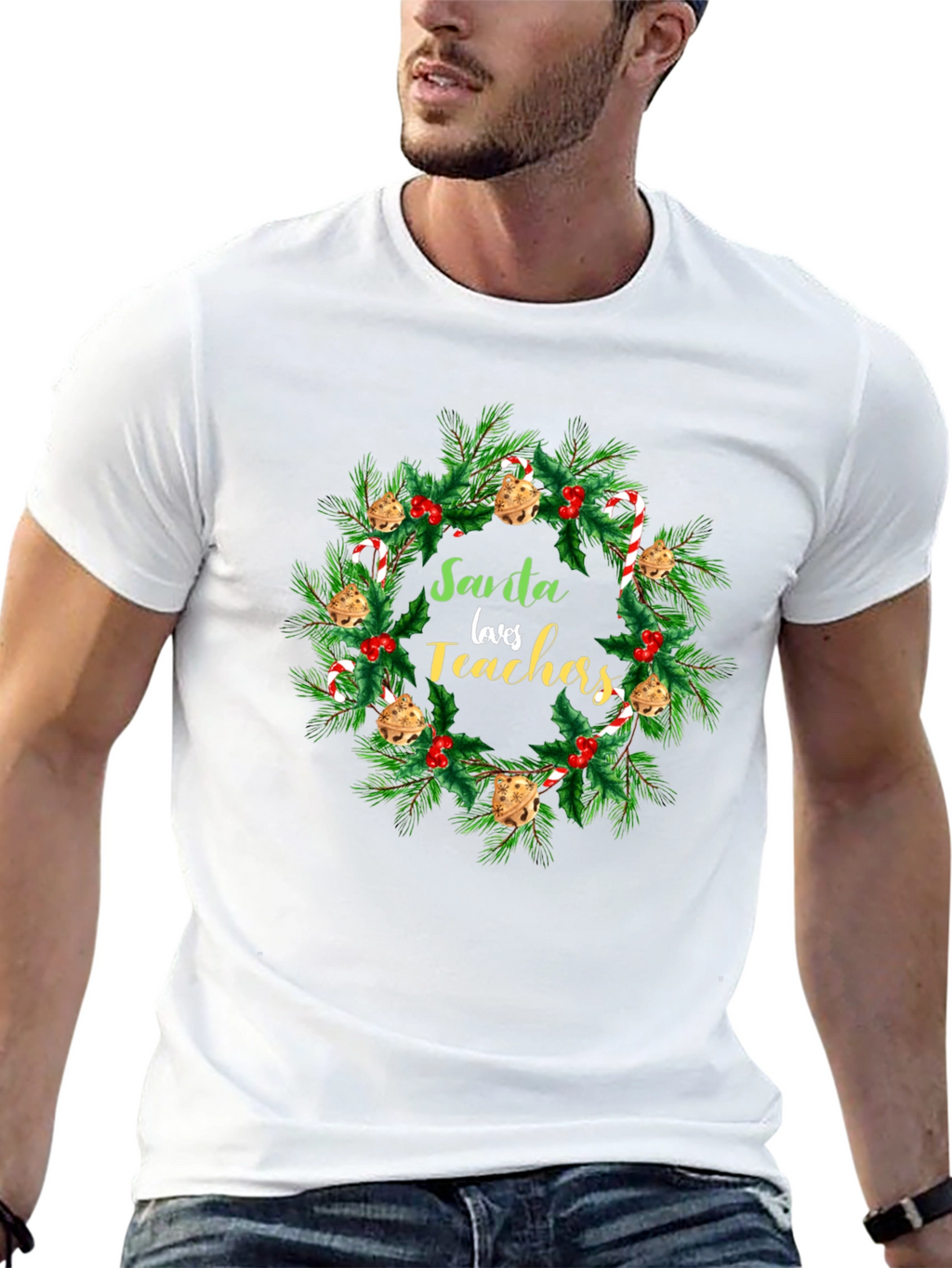 Santa Loves Teachers Christmas Wreath T-Shirt