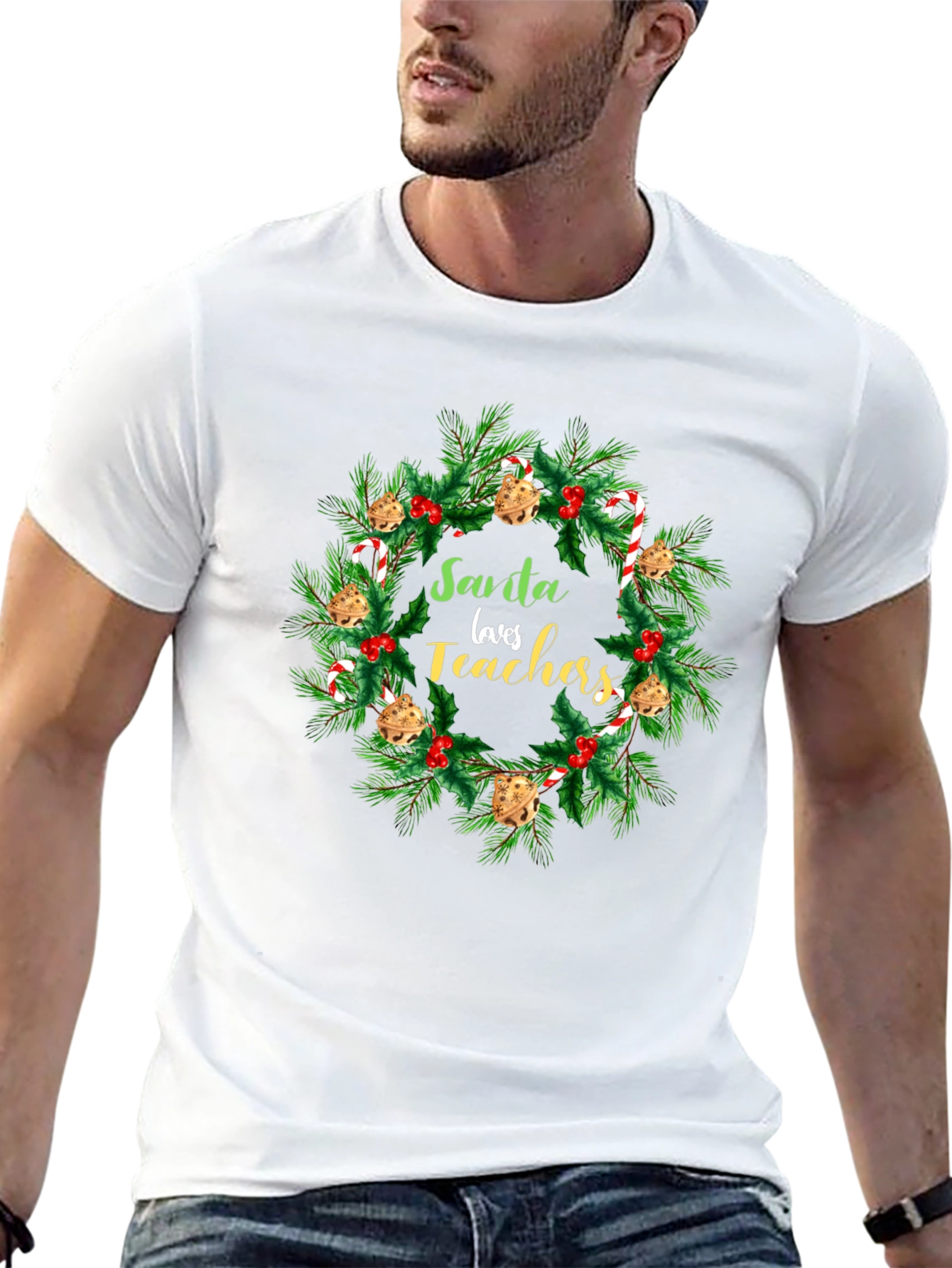 Santa Loves Teachers Christmas Wreath T-Shirt
