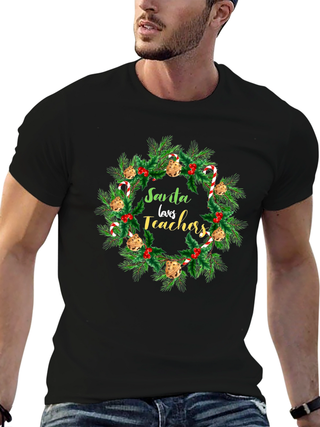 Santa Loves Teachers Christmas Wreath T-Shirt