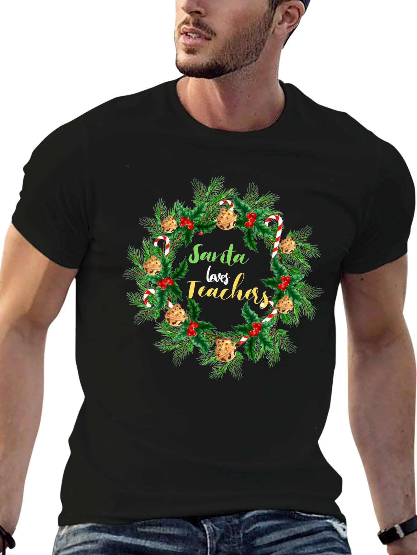 Santa Loves Teachers Christmas Wreath T-Shirt