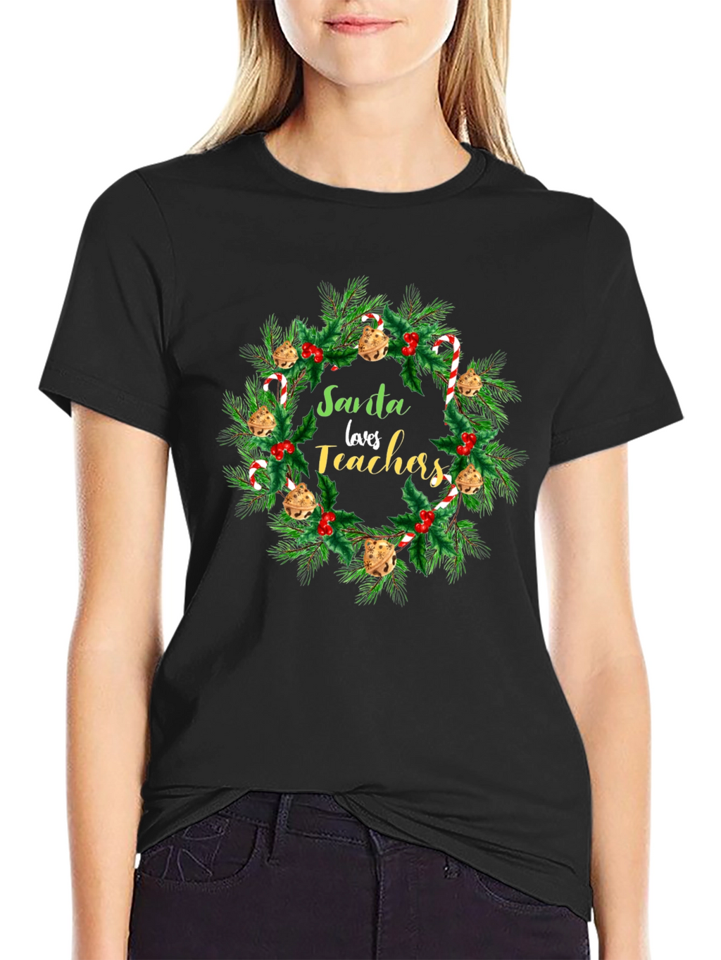Santa Loves Teachers Christmas Wreath T-Shirt