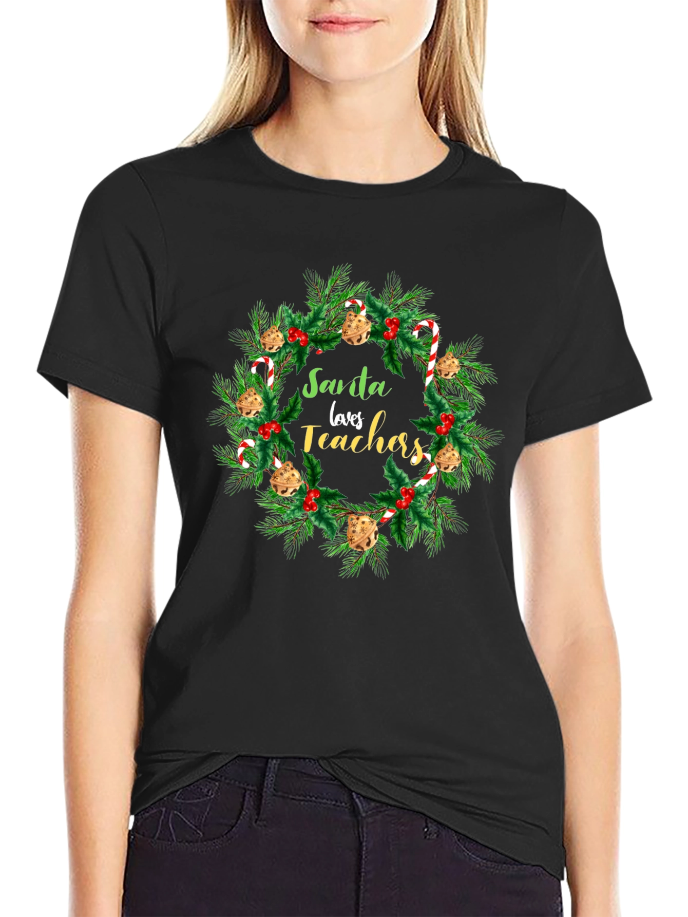Santa Loves Teachers Christmas Wreath T-Shirt