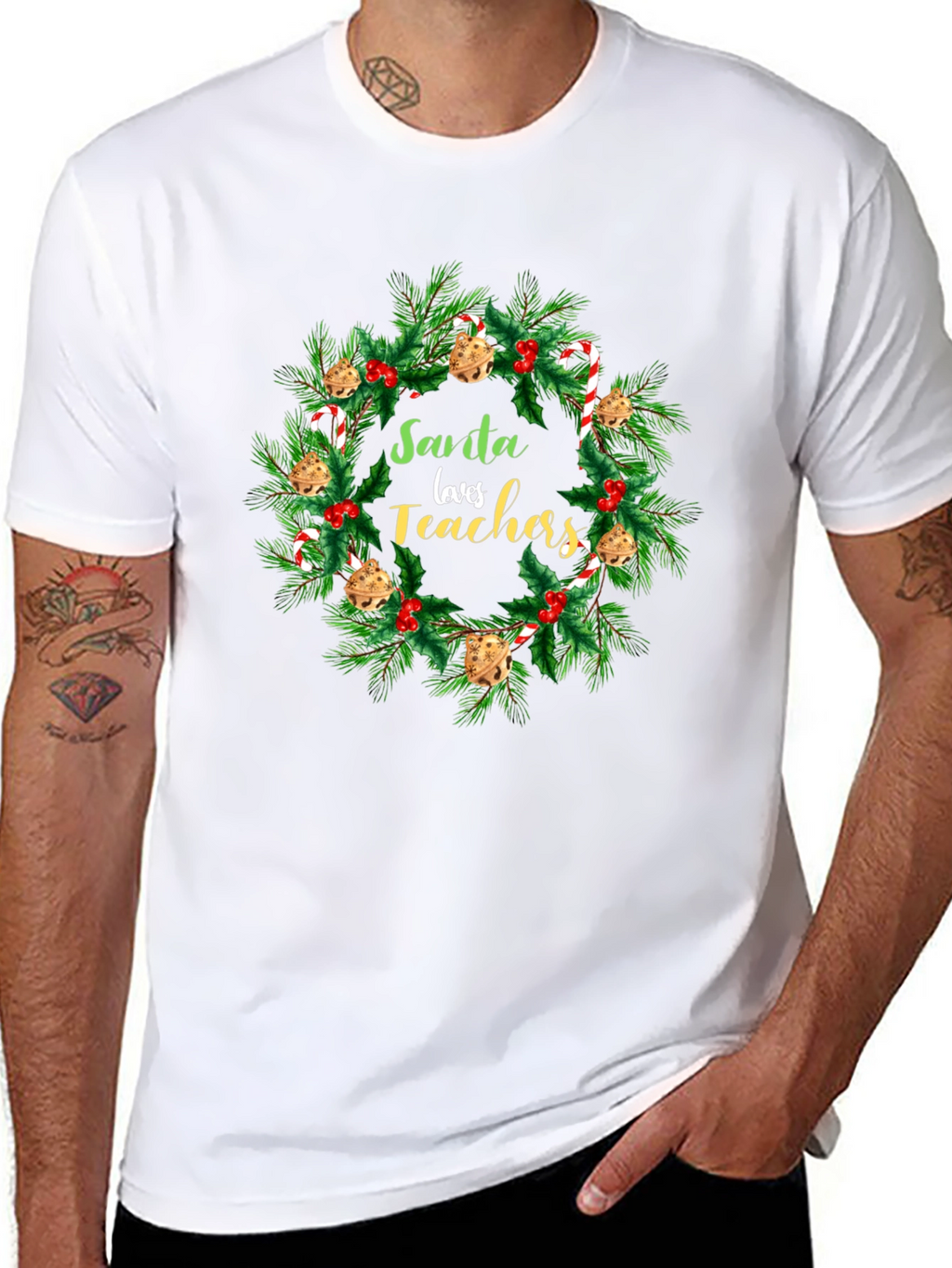 Santa Loves Teachers Christmas Wreath T-Shirt
