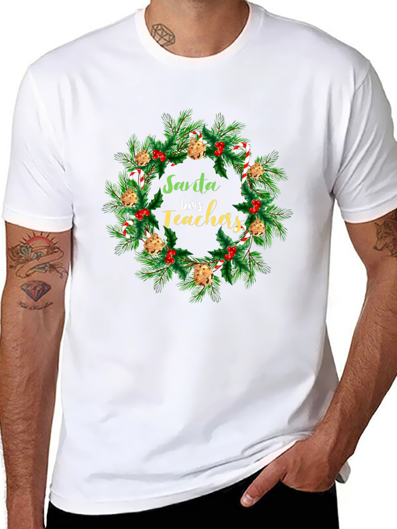 Santa Loves Teachers Christmas Wreath T-Shirt
