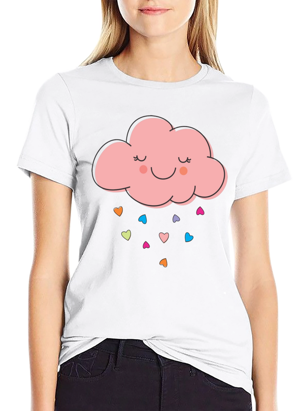 Cute Cloud Heart Rain Graphic Tee - Black