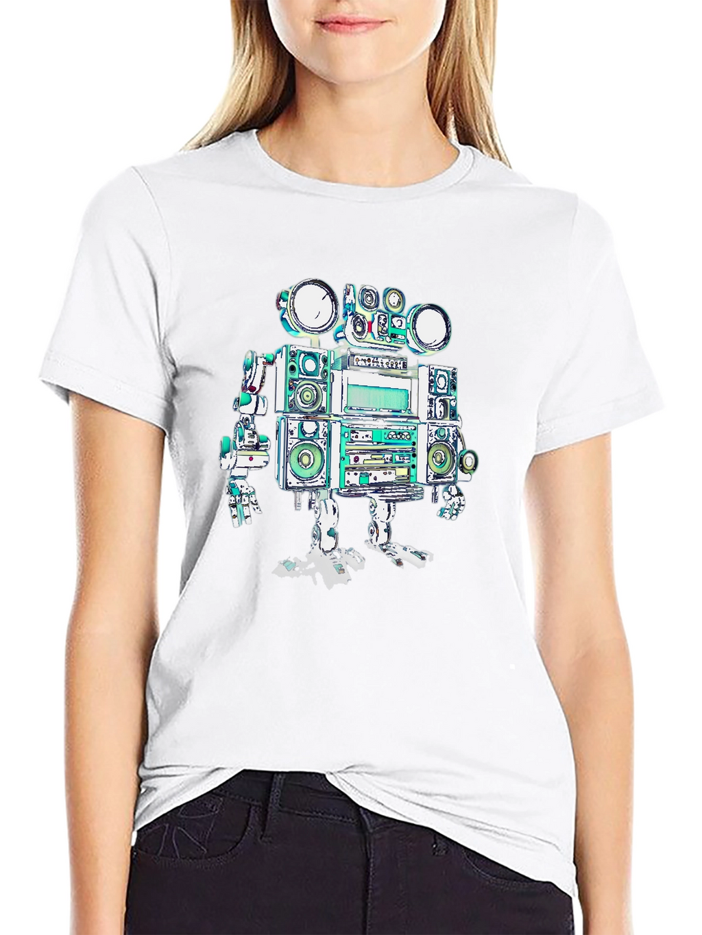 Retro Boombox Robot Graphic Tee - Black