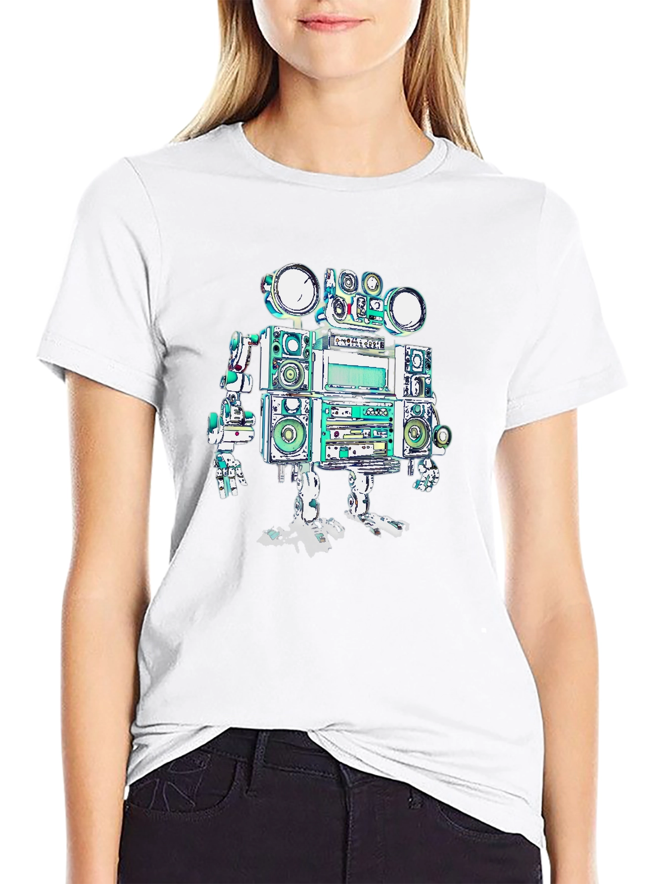Retro Boombox Robot Graphic Tee - Black