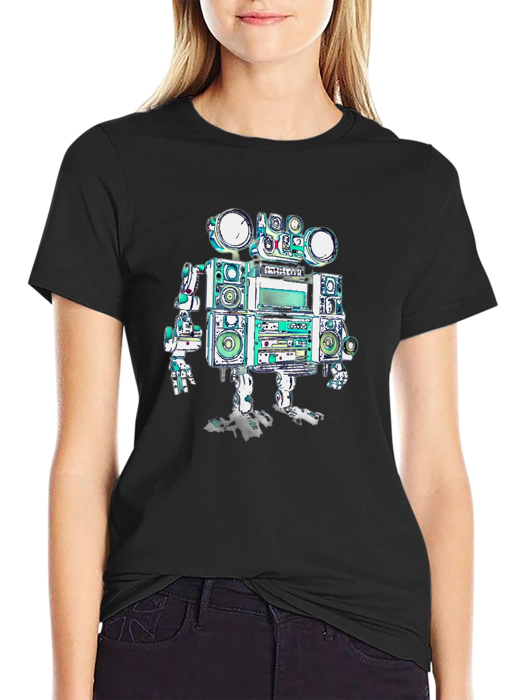Retro Boombox Robot Graphic Tee - Black