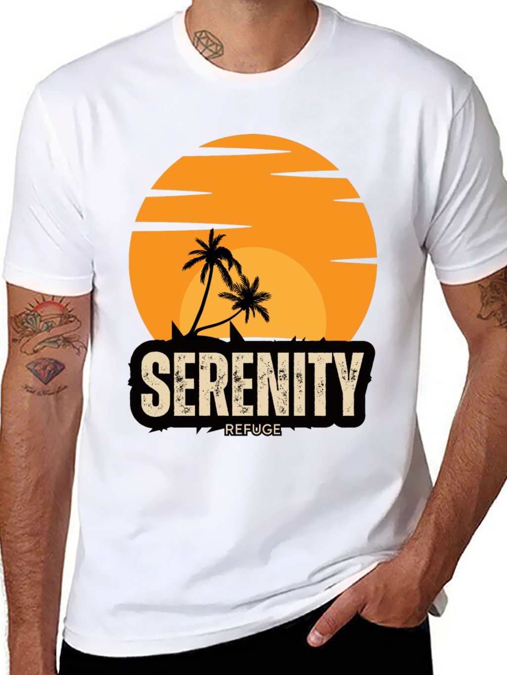 Serenity Refuge T-Shirt - Tropical Palm Tree Sunset Tee