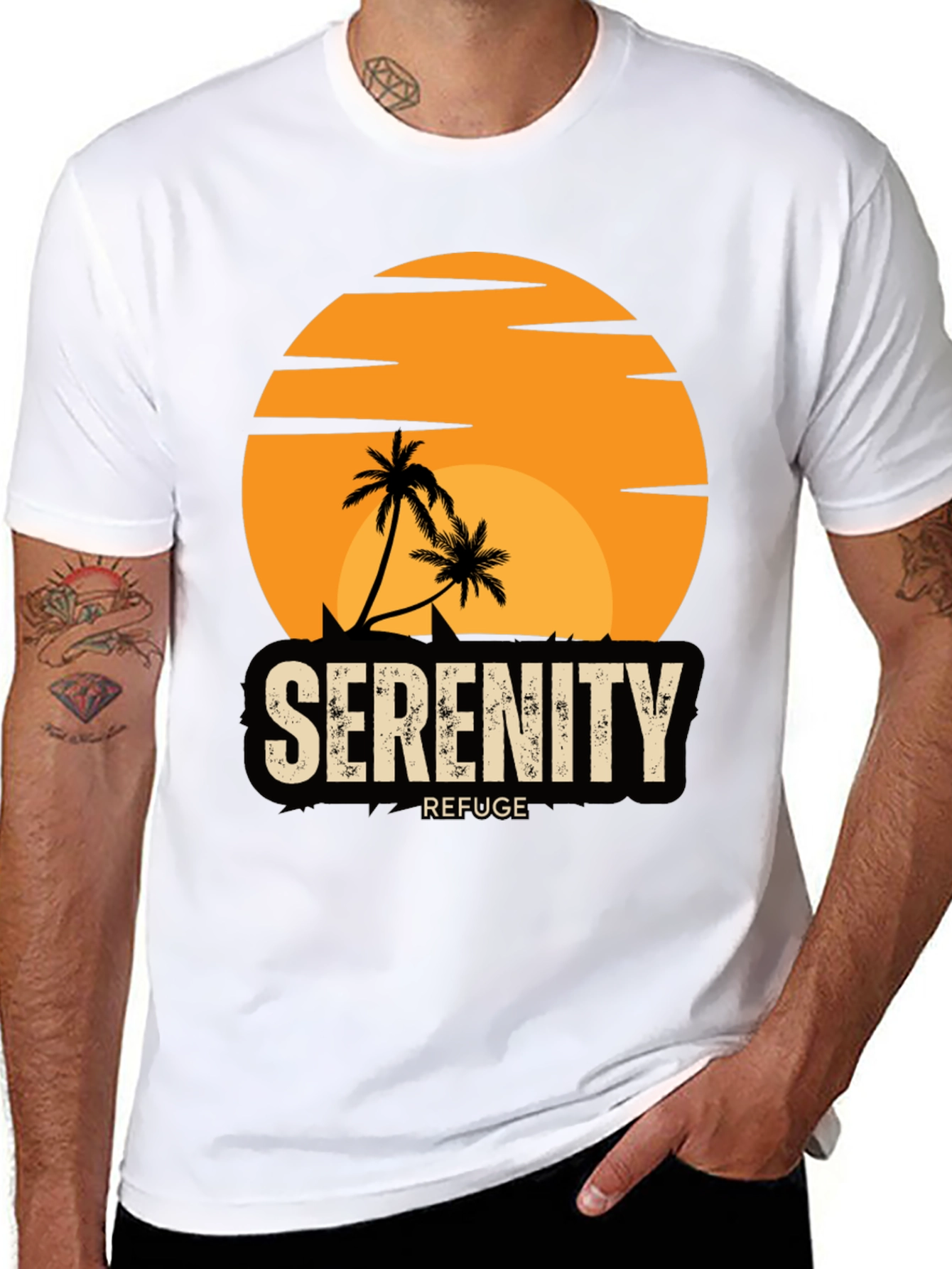 Serenity Refuge T-Shirt - Tropical Palm Tree Sunset Tee