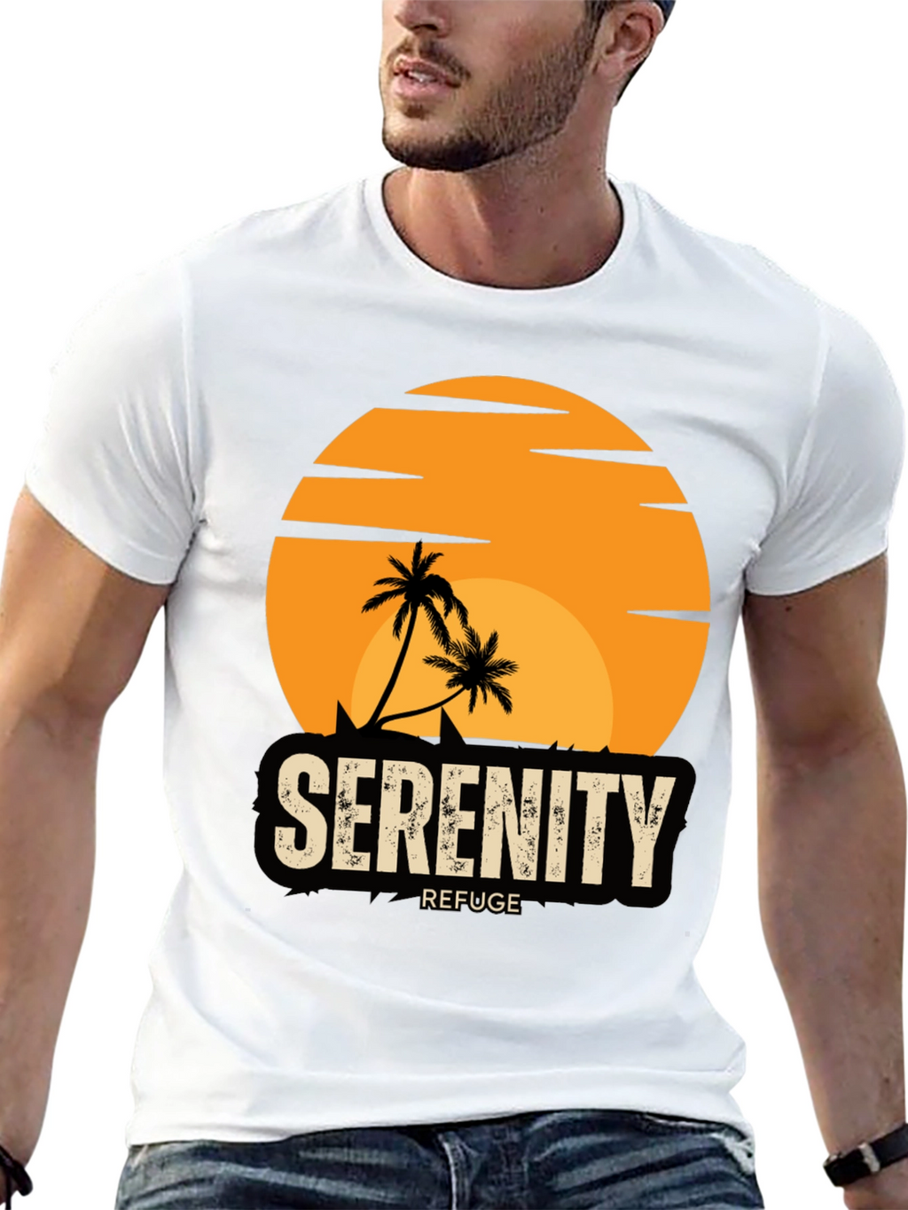 Serenity Refuge T-Shirt - Tropical Palm Tree Sunset Tee