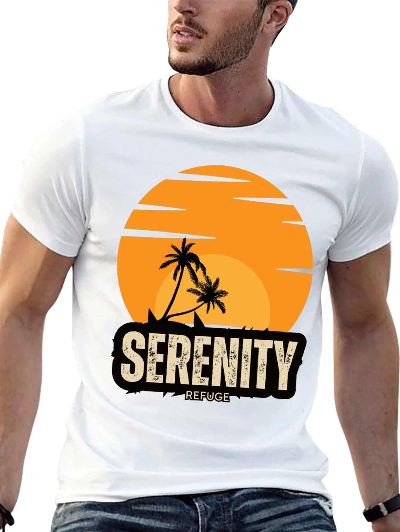 Serenity Refuge T-Shirt - Tropical Palm Tree Sunset Tee