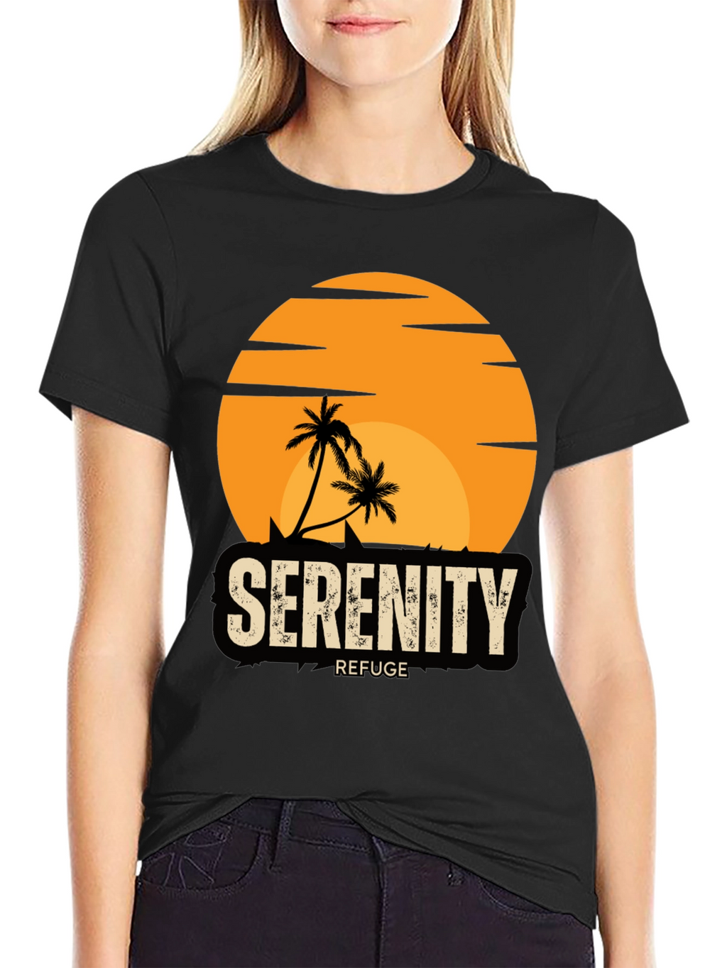 Serenity Refuge T-Shirt - Tropical Palm Tree Sunset Tee