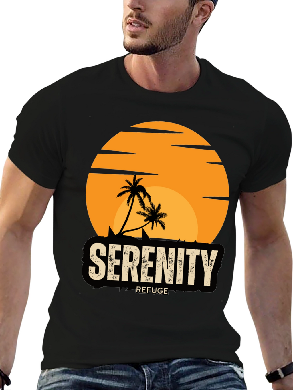 Serenity Refuge T-Shirt - Tropical Palm Tree Sunset Tee