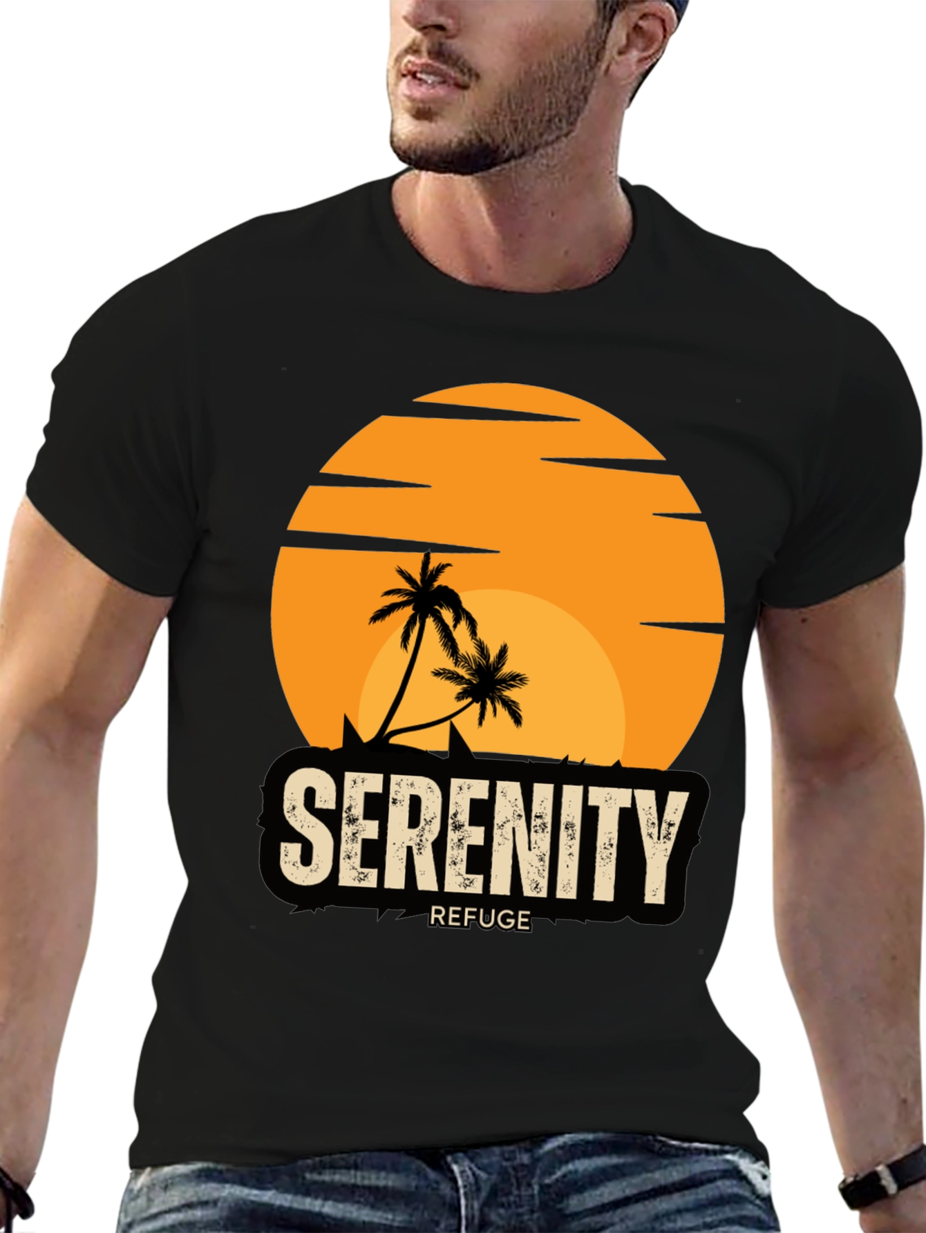 Serenity Refuge T-Shirt - Tropical Palm Tree Sunset Tee