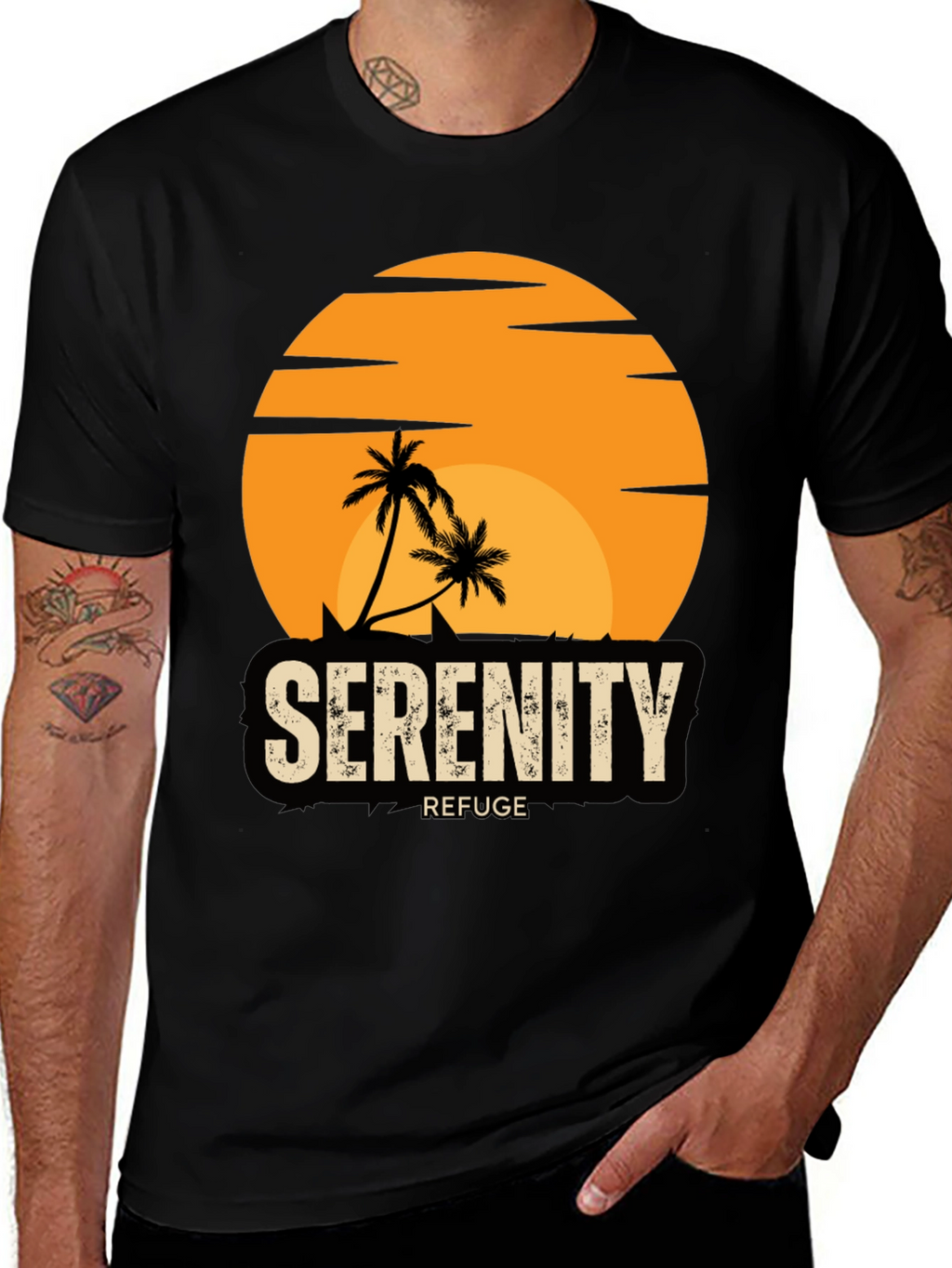 Serenity Refuge T-Shirt - Tropical Palm Tree Sunset Tee
